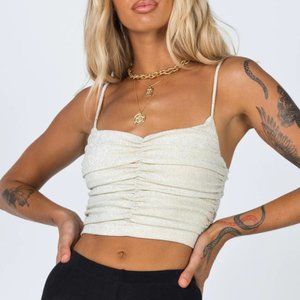 PRINCESS POLLY Gigi Glitter Ruched Crop Top Champagne Size 2
